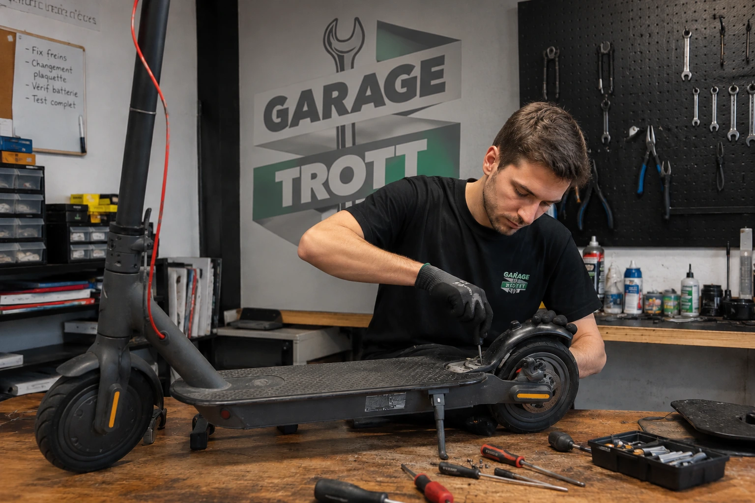 Réparation de trottinette électrique dans l'atelier Garage Trott à Montrouge