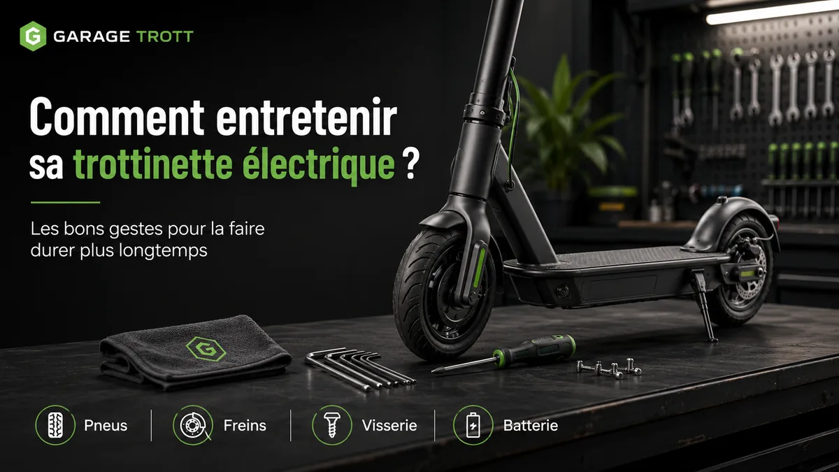 Entretien d’une trottinette électrique avec contrôle des pneus, freins, visserie et batterie